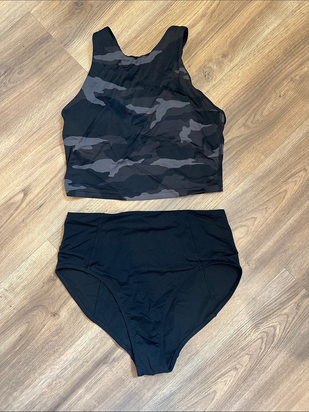 Athleta Black Camo High-Neck Swim Crop & High-Waist Bottoms